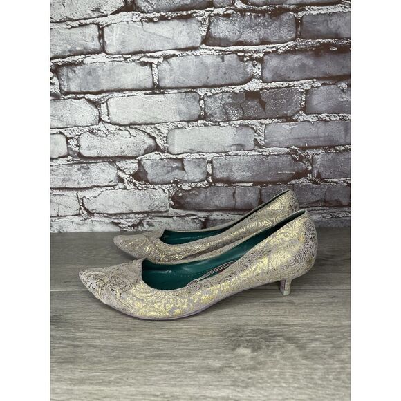 Irregular Choice Silver Suede Gold Shimmer Bridal Print Pointed Heels Women 39EU - Picture 12 of 16